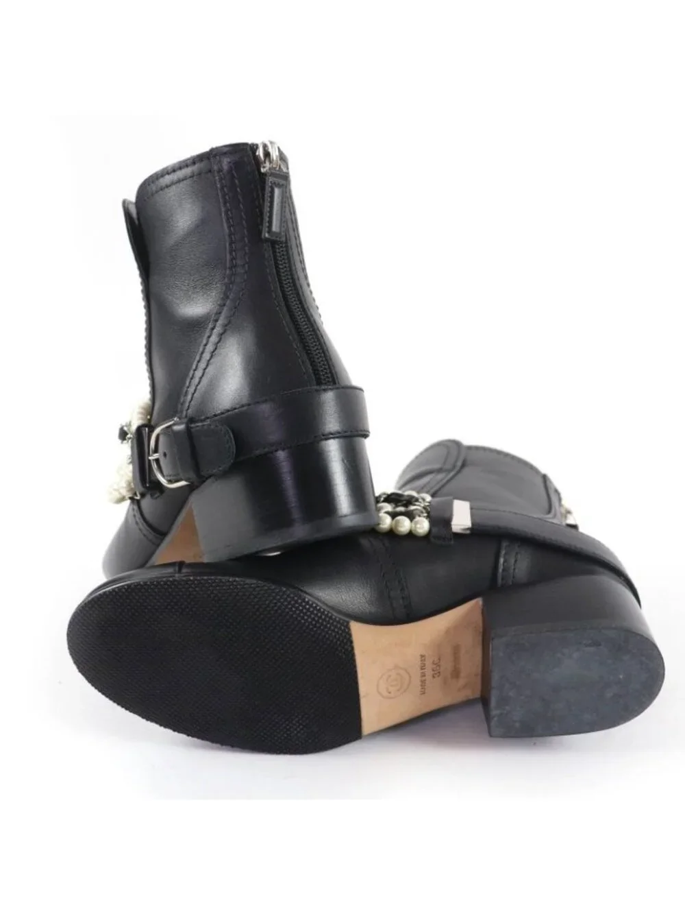 Chanel CC Logo Faux Pearl Chain Leather Short Boots Black 36 - Picture 6 of 13